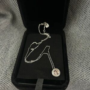 Swarovski Silver Necklace with Pale Pink Center and Clear Halo